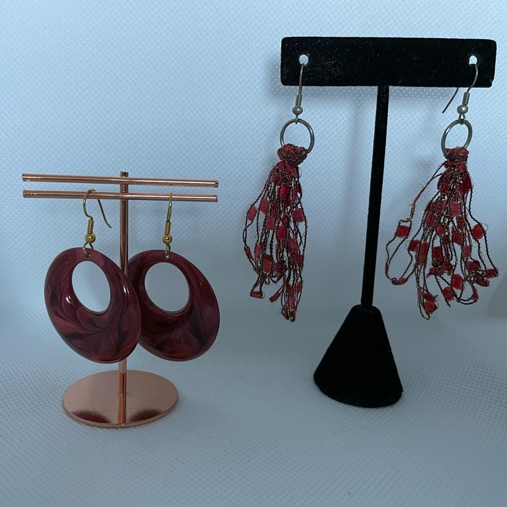 Burgundy round metal, red lace strands dangling earrings